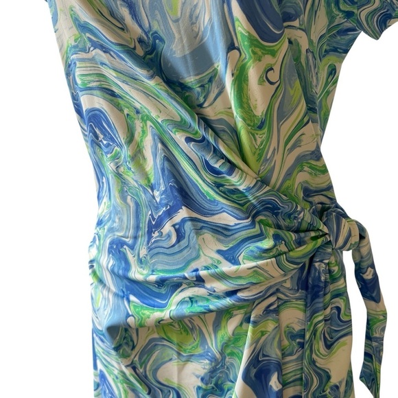J MCLAUGHLIN ELORA DRESS M WATERCOLOR COASTAL CATALINA CLOTH RUCHED SUMMER CHIC - Picture 5 of 13